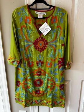 Gretchen Scott Designs Lime Green Embroidered Long Sleeve Dress Tunic-Medium NWT